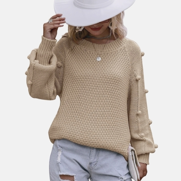 Simplee Crewneck Oversized Chunky Knit Bobble Sleeve Sweater Tan Size S - Picture 1 of 10